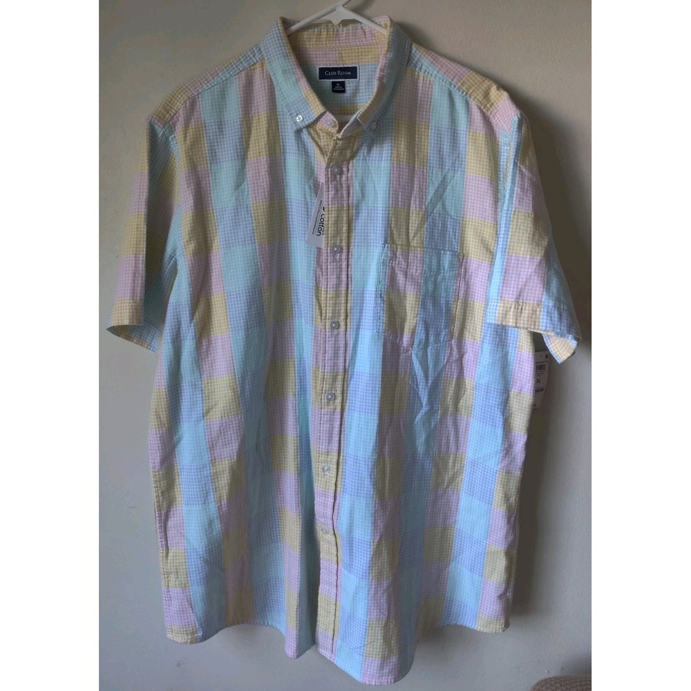 Club Room Men Button Up Short Sleeve Shirt 100% Cotton Pastel Plaid Size XL NWT